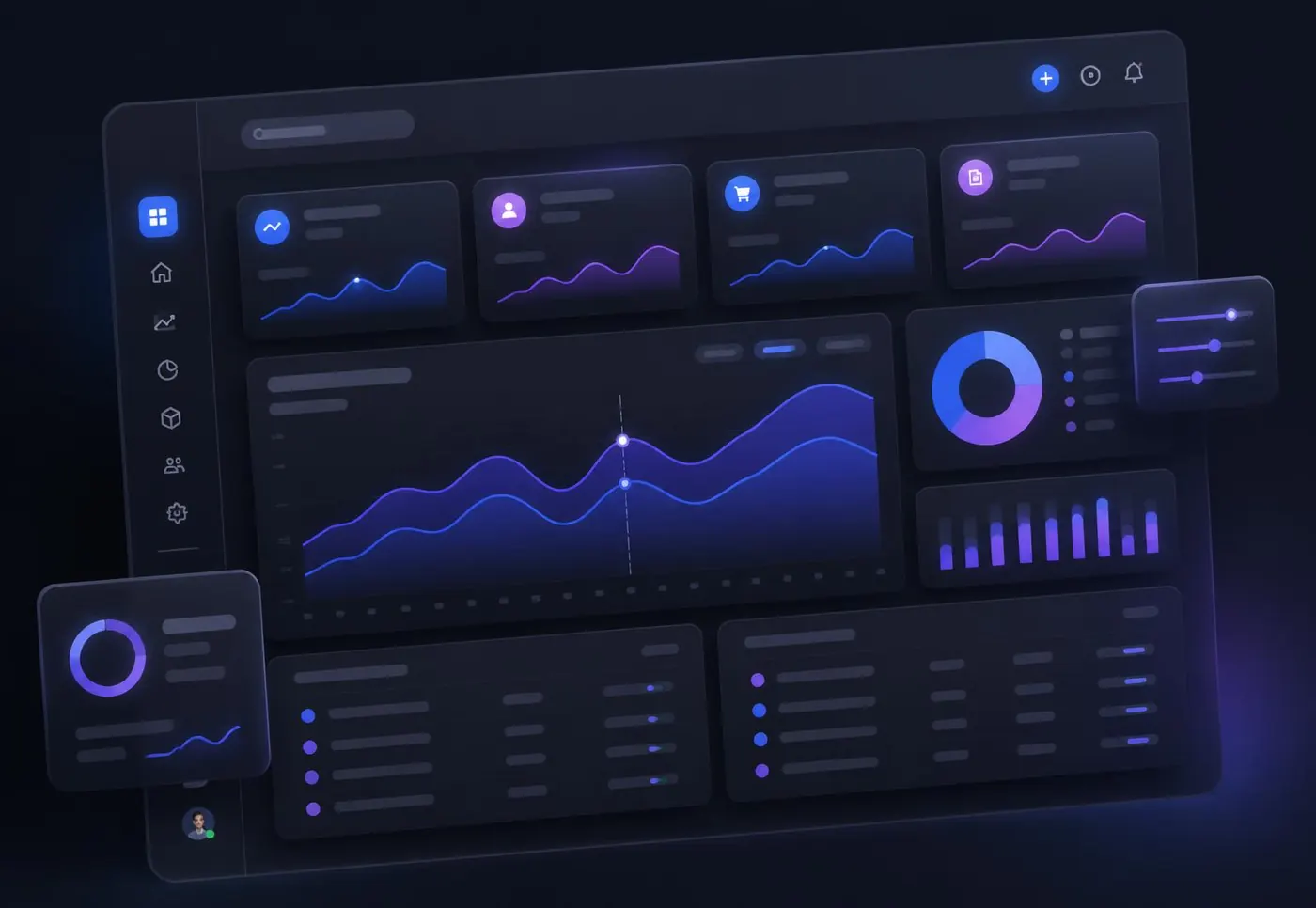 Ilustração conceitual de um dashboard empresarial com indicadores, gráficos e painéis de gestão
